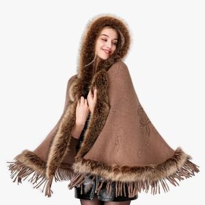 Women Faux Fur Shawl Hooded Cape wrap Stole Shrug Bridal Winter Wedding w/ Hook